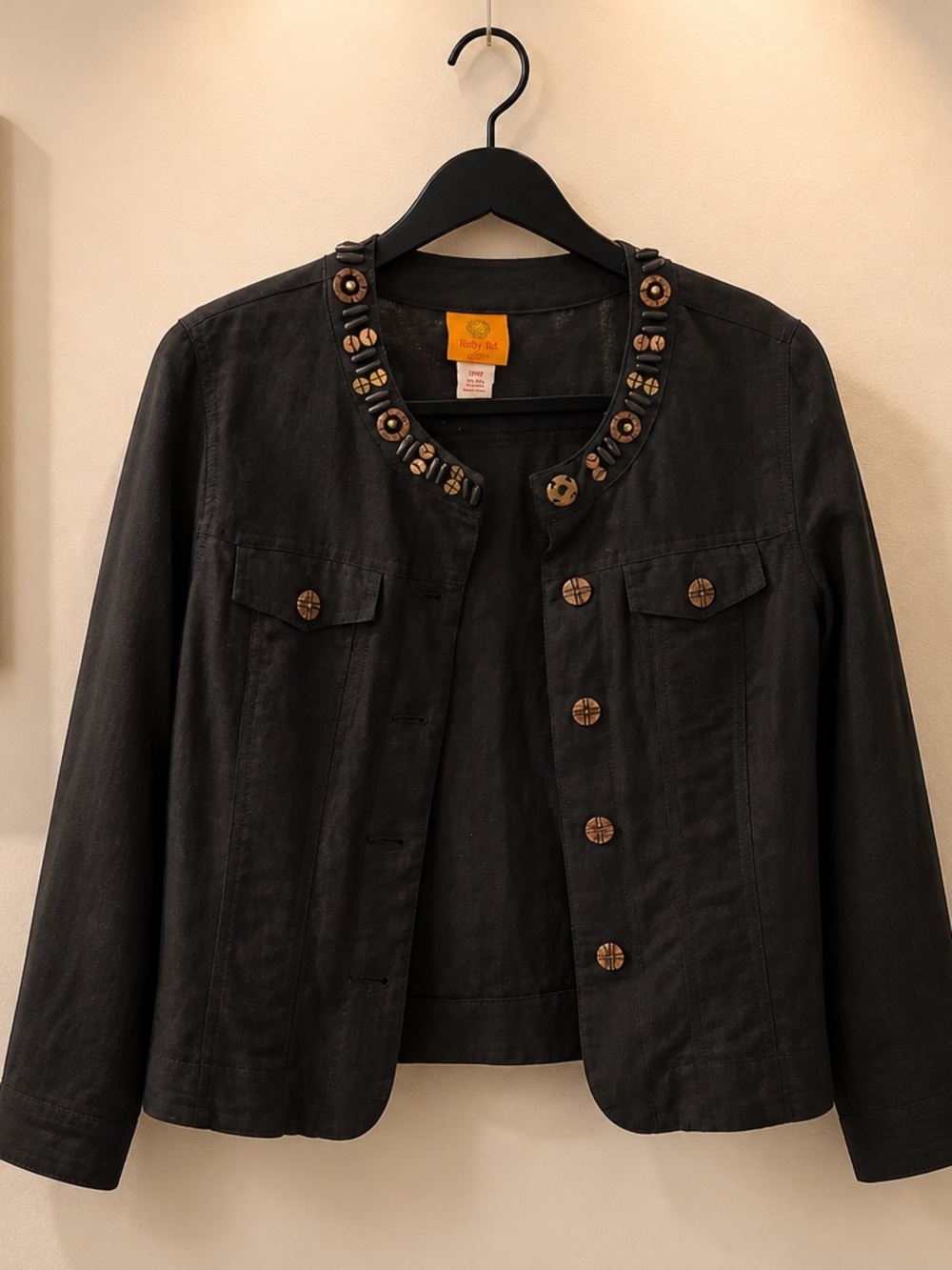 Ruby Rd. Black Embellished Collar Jacket with Wood-Tone Buttons